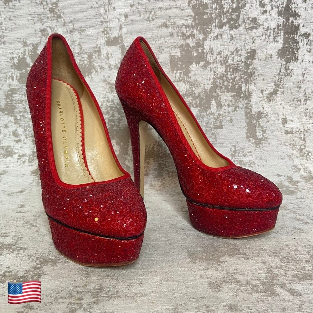 Charlotte Olympia Priscilla Glitter Platform Stiletto Pump in Red